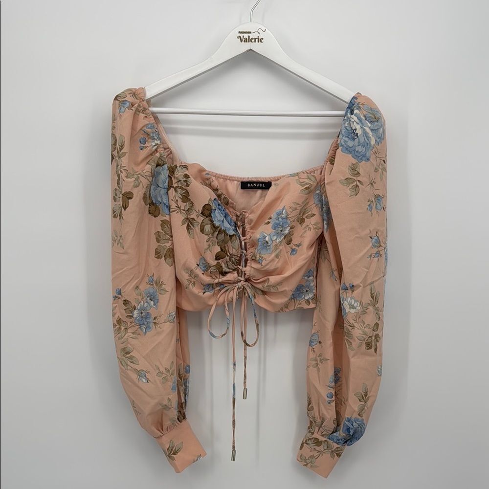 Banjul Floral Print Puff Sleeve Cropped Top Peasant Coquette Size Small